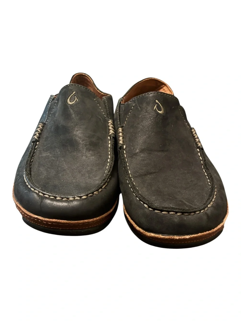OluKai Moloa Men's Black Leather Slip On Loafers Shoes Size 8 EUC